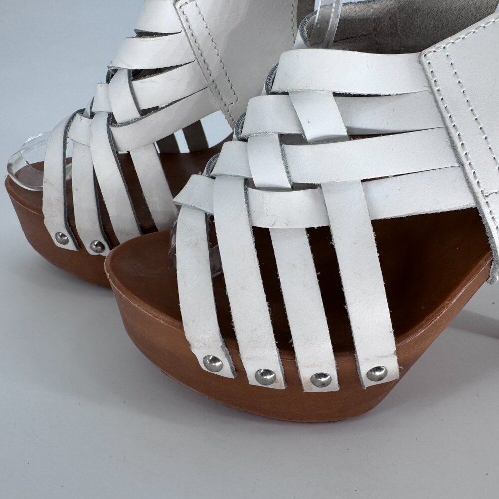 White Leather Woven Y2K Platform Heels Slingback Sandals Size 7 - Picture 8 of 13